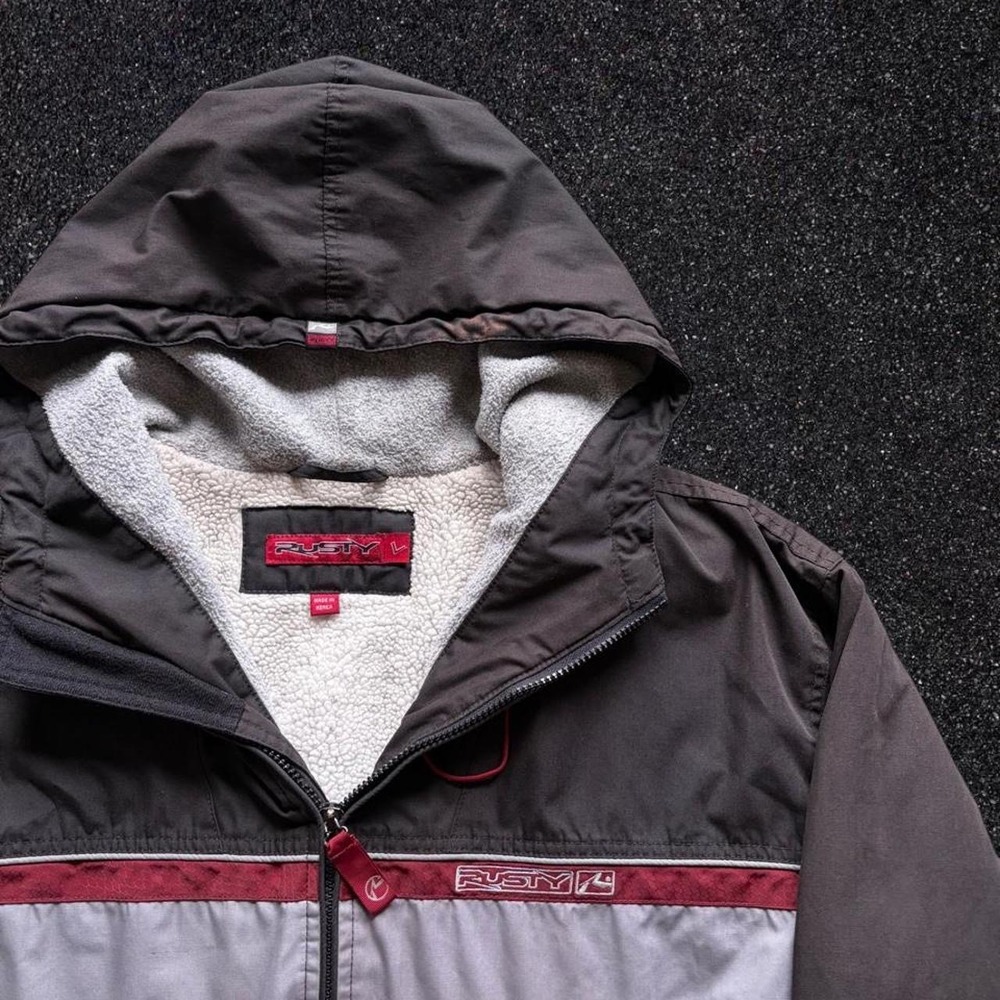 Y2K Rusty Mens Hooded Colorblock Jacket Sherpa Lined Grey Burgundy Large